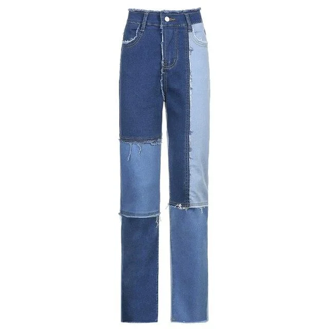 Vintage Women's Blue Patched Denim High Waist Straight Leg Jeans Pants